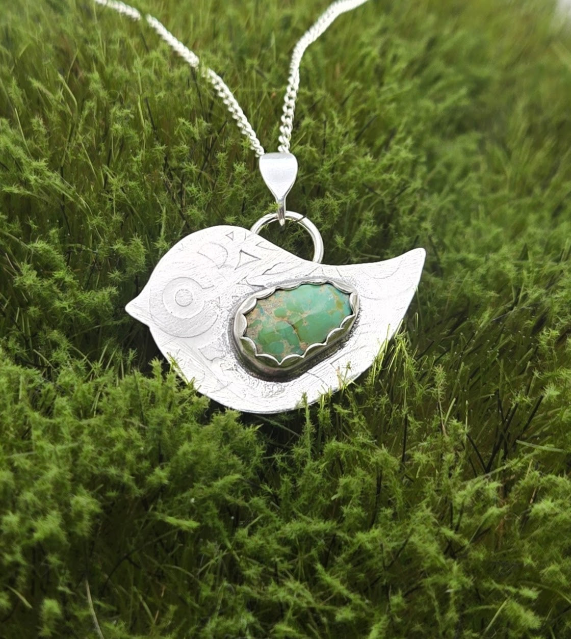Fun and Funky Bird Pendant with Turquoise Wing