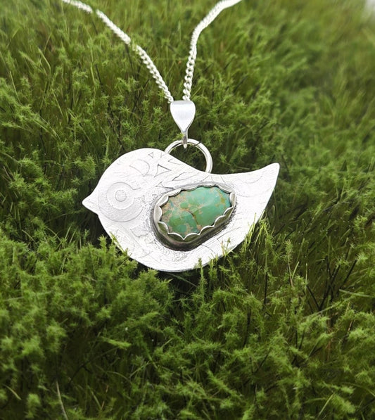 Fun and Funky Bird Pendant with Turquoise Wing