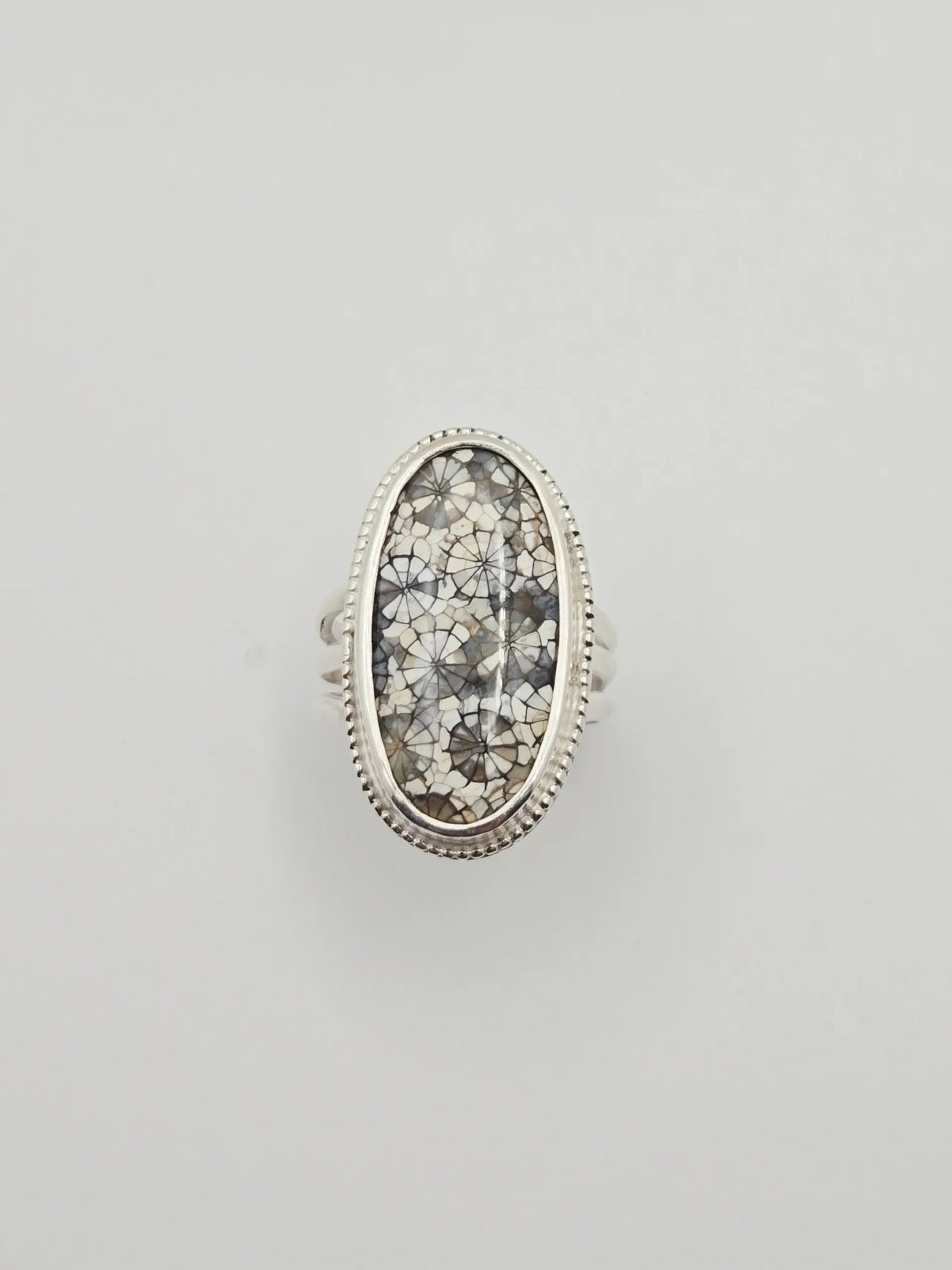 Blue Teapot Jewelry oval statement ring featuring a fossil coral inlay with floral patterns in sterling silver bezel.