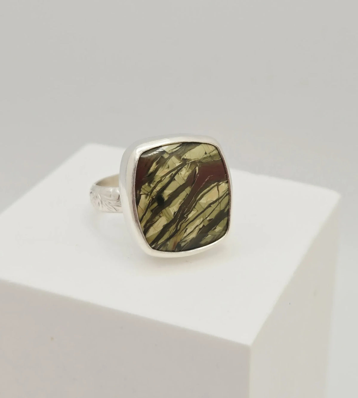 Blue Teapot Jewelry square statement ring featuring a mossy green natural stone in a polished sterling silver bezel.